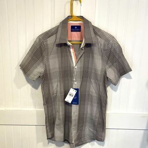 Ryan Seacrest short-sleeved, gray & white shirt, size small.